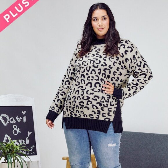 DAVI & DANI Plus Size Leopard Print Sweater | Black & Beige Knit Pullover - Picture 2 of 6